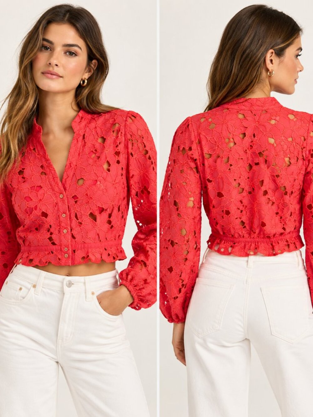 Cara Cara Red Floral Eyelet Lace Cropped Long Sleeve Blouse XS